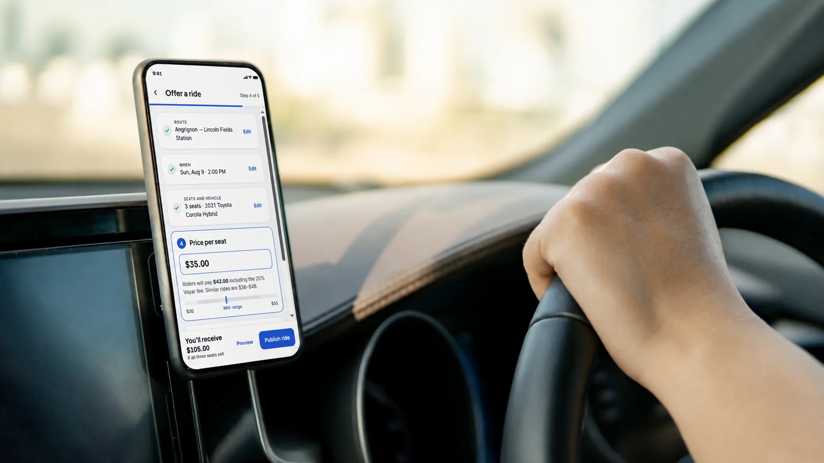 A preview of the Voyar driver app being built, showing a ride from Angrignon to Lincoln Fields Station priced at $35 per seat, with the rider paying $42 including the 20% Voyar fee